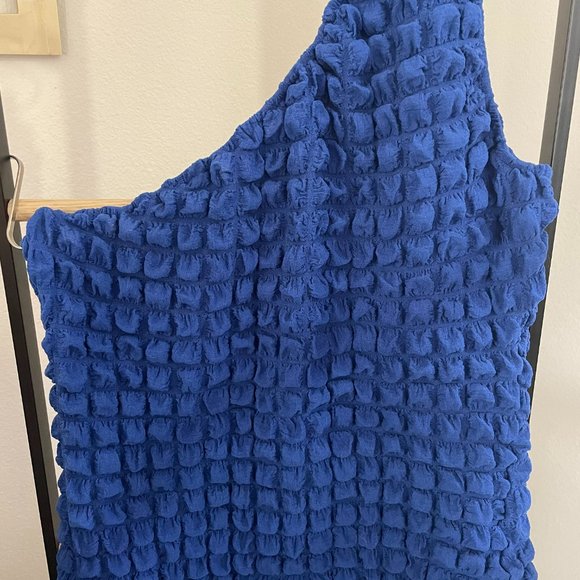 Blue One Shoulder Textured, Stretchy, Bodycon Dress SIZE 8/10 - Picture 5 of 6